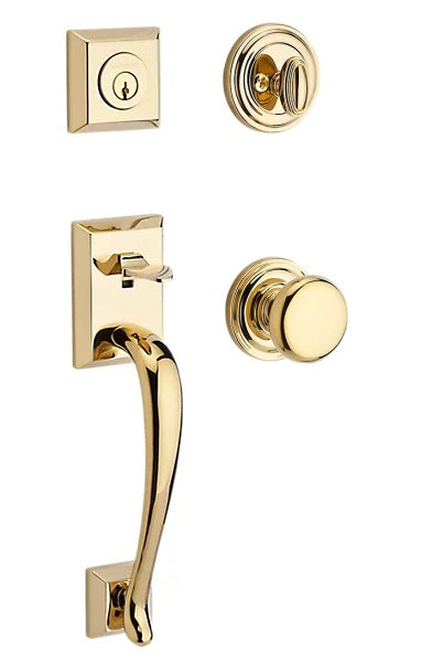 The Baldwin Reserve Napa Handleset with Interior Round Knob with Traditional Round Rosette in Lifetime Polished Brass finish.