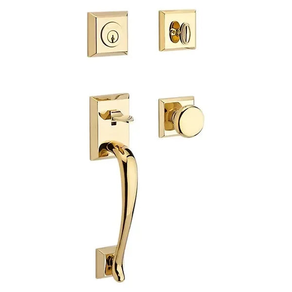 The Baldwin Reserve Napa Handleset with Interior Round Knob with Traditional Square Rosette in Lifetime Polished Brass finish.