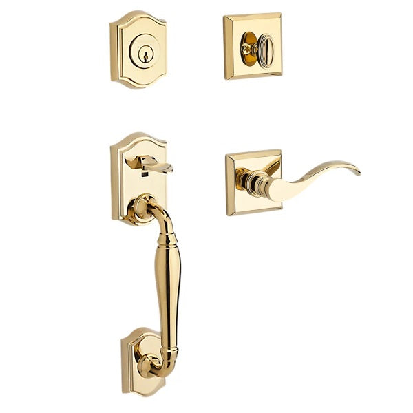 The Baldwin Reserve Westcliff Handleset with Interior Curve Lever with Traditional Square Rosette in Lifetime Polished Brass finish.