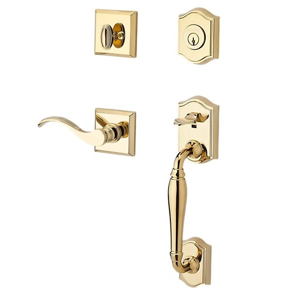 The Baldwin Reserve Westcliff Handleset with Interior Curve Lever with Traditional Square Rosette in Lifetime Polished Brass finish.