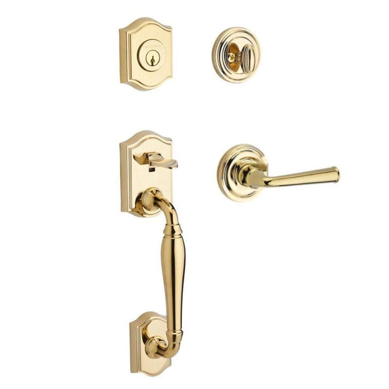 The Baldwin Reserve Westcliff Handleset with Interior Federal Lever with Traditional Round Rosette in Lifetime Polished Brass finish.