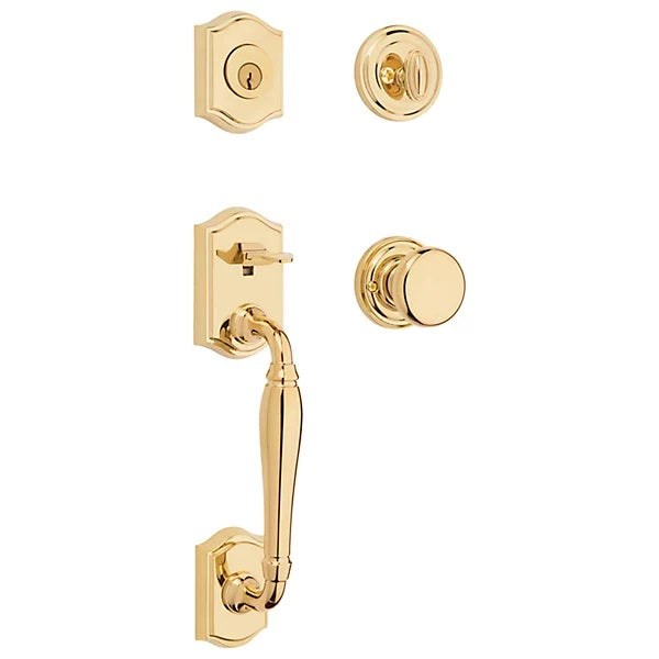 The Baldwin Reserve Westcliff Handleset with Interior Round Knob with Traditional Round Rosette in Lifetime Polished Brass finish.