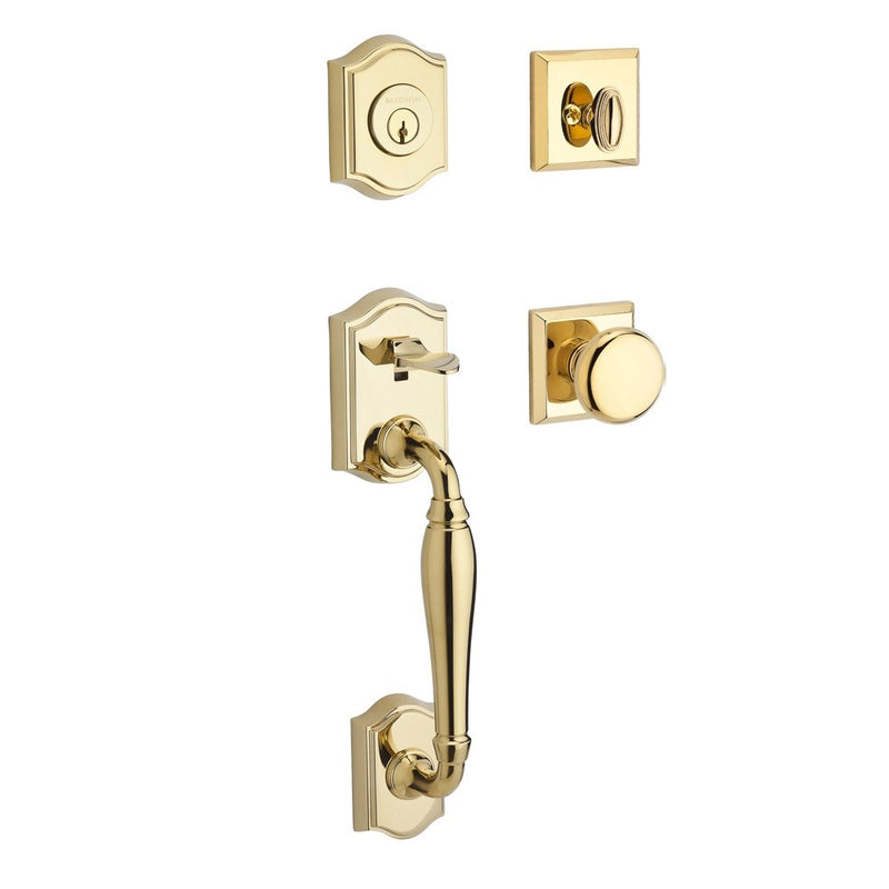 The Baldwin Reserve Westcliff Handleset with Interior Round Knob with Traditional Square Rosette in Lifetime Polished Brass finish.