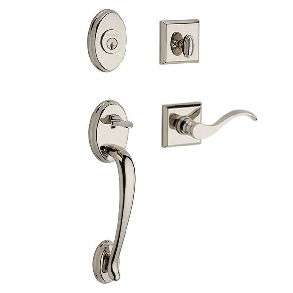 The Baldwin Reserve Columbus Handleset with Interior Curve Lever with Traditional Square Rosette in Lifetime Polished Nickel finish.