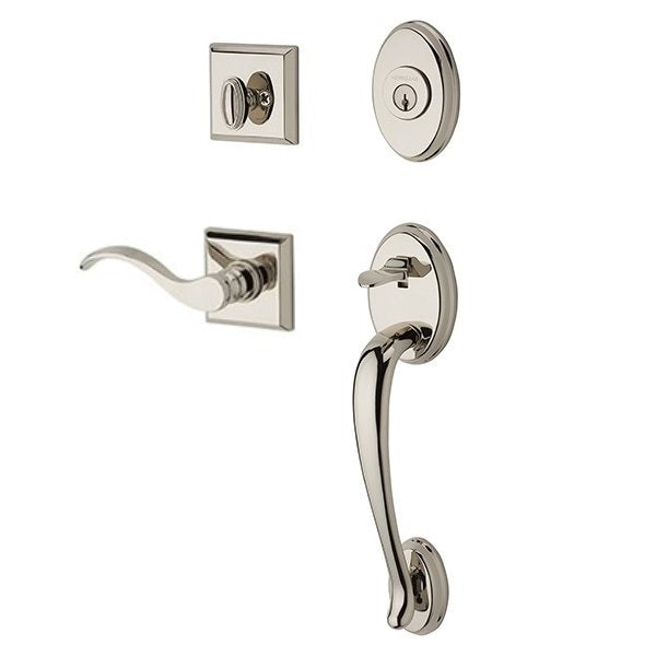 The Baldwin Reserve Columbus Handleset with Interior Curve Lever with Traditional Square Rosette in Lifetime Polished Nickel finish.