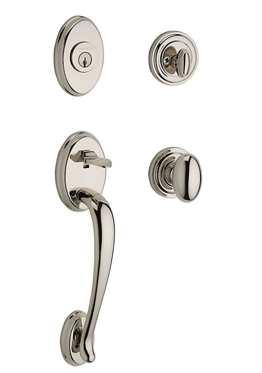 The Baldwin Reserve Columbus Handleset with Interior Ellipse Knob with Traditional Round Rosette in Lifetime Polished Nickel finish.