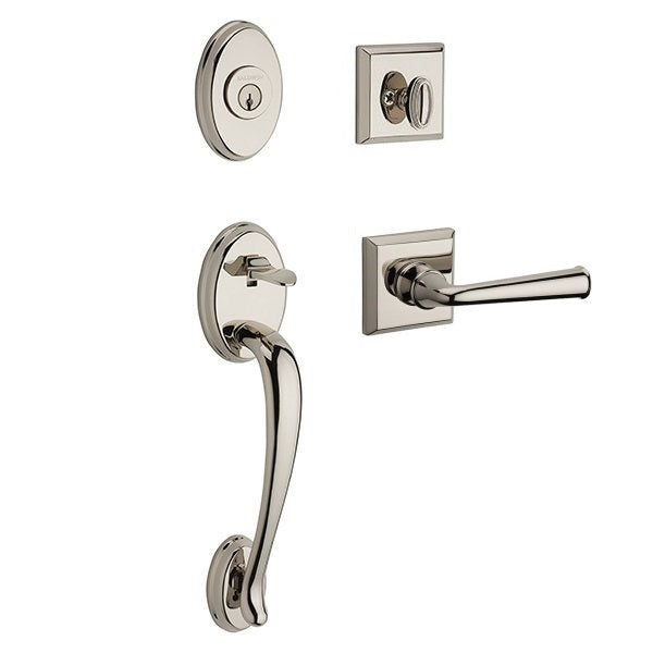 The Baldwin Reserve Columbus Handleset with Interior Federal Lever with Traditional Square Rosette in Lifetime Polished Nickel finish.