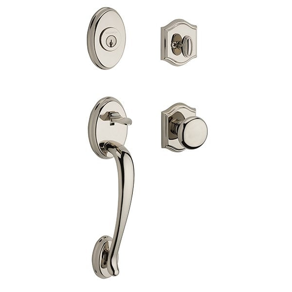 The Baldwin Reserve Columbus Handleset with Interior Round Knob with Traditional Arch Rosette in Lifetime Polished Nickel finish.