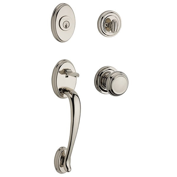 The Baldwin Reserve Columbus Handleset with Interior Traditional Knob with Traditional Round Rosette in Lifetime Polished Nickel finish.