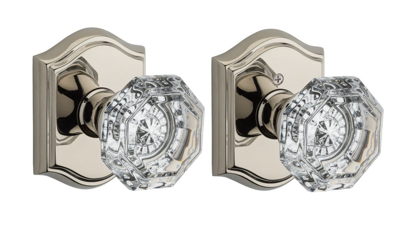 The Baldwin Reserve Crystal Knob with Traditional Arch Rosette in Lifetime Polished Nickel finish.