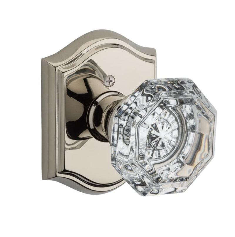 The Baldwin Reserve Crystal Knob with Traditional Arch Rosette in Lifetime Polished Nickel finish.