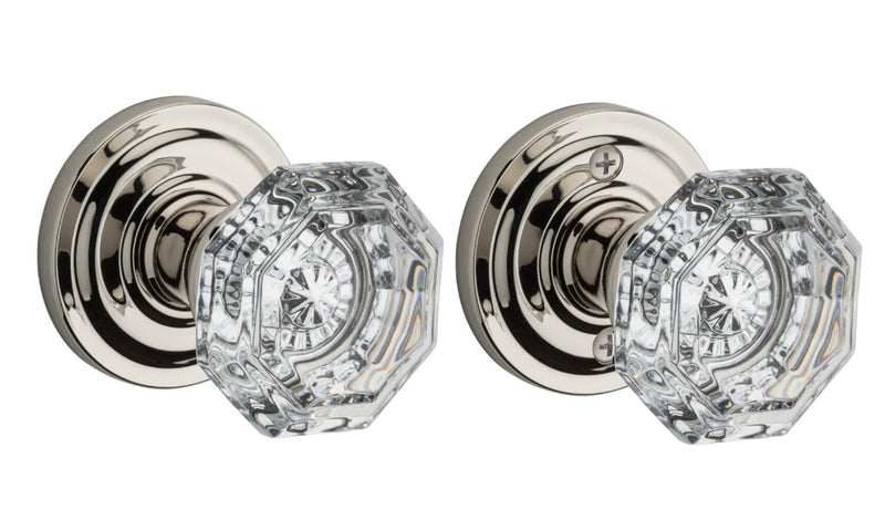 The Baldwin Reserve Crystal Knob with Traditional Round Rosette in Lifetime Polished Nickel finish.