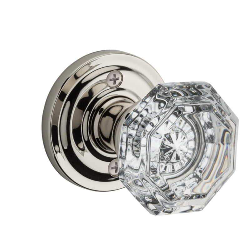 The Baldwin Reserve Crystal Knob with Traditional Round Rosette in Lifetime Polished Nickel finish.