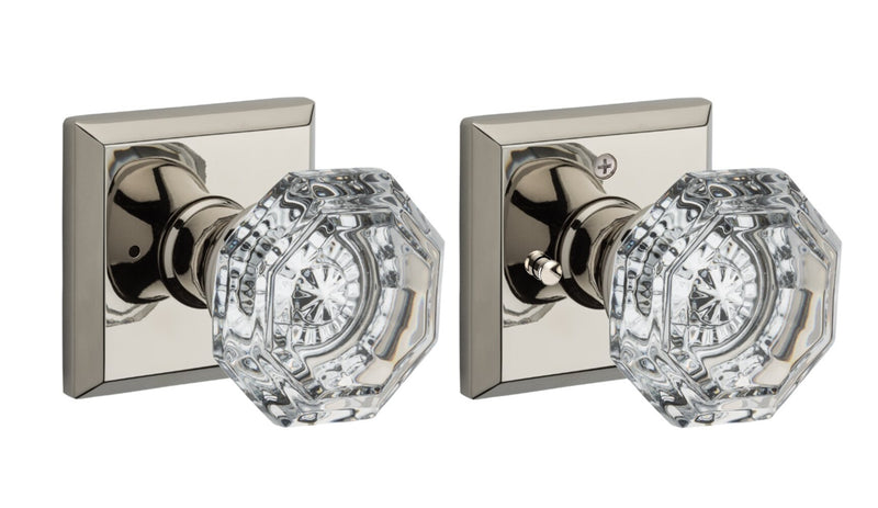 The Baldwin Reserve Crystal Knob with Traditional Square Rosette in Lifetime Polished Nickel finish.