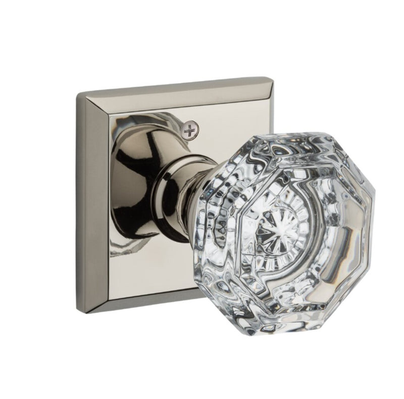 The Baldwin Reserve Crystal Knob with Traditional Square Rosette in Lifetime Polished Nickel finish.