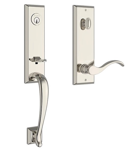 The Baldwin Reserve Del Mar Handleset with Interior Curve Lever with Square Bevel Rosette in Lifetime Polished Nickel finish.