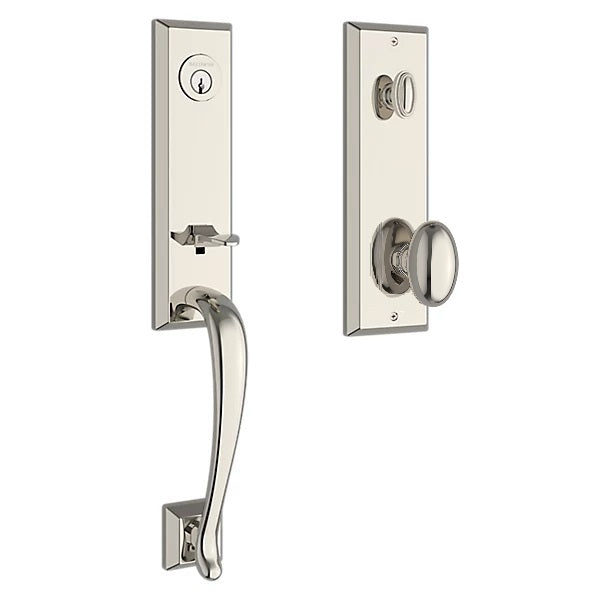 The Baldwin Reserve Del Mar Handleset with Interior Ellipse Knob with Square Bevel Rosette in Lifetime Polished Nickel finish.