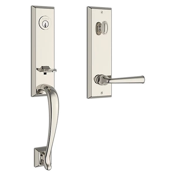 The Baldwin Reserve Del Mar Handleset with Interior Federal Lever with Square Bevel Rosette in Lifetime Polished Nickel finish.