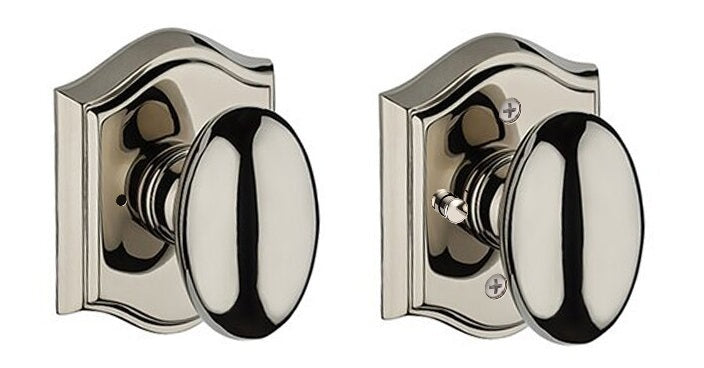 The Baldwin Reserve Ellipse Knob with Traditional Arch Rosette in Lifetime Polished Nickel finish.