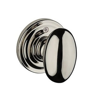 The Baldwin Reserve Ellipse Knob with Traditional Round Rosette in Lifetime Polished Nickel finish.