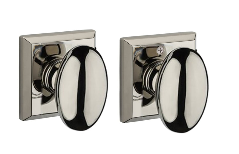 The Baldwin Reserve Ellipse Knob with Traditional Square Rosette in Lifetime Polished Nickel finish.