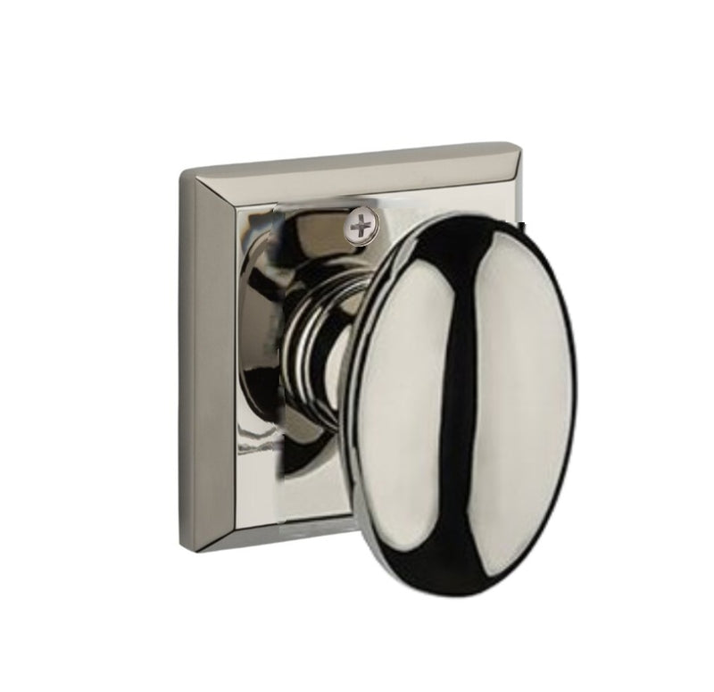 The Baldwin Reserve Ellipse Knob with Traditional Square Rosette in Lifetime Polished Nickel finish.