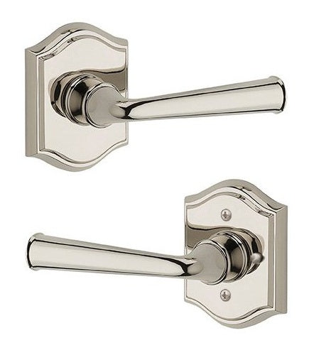 The Baldwin Reserve Federal Lever with Traditional Arch Rosette in Lifetime Polished Nickel finish.