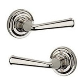 The Baldwin Reserve Federal Lever with Traditional Round Rosette in Lifetime Polished Nickel finish.