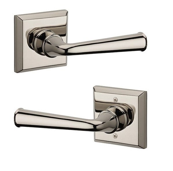 The Baldwin Reserve Federal Lever with Traditional Square Rosette in Lifetime Polished Nickel finish.