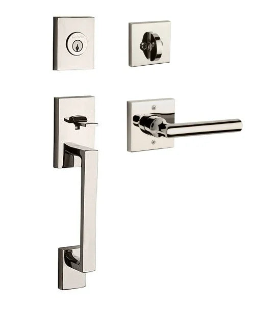 The Baldwin Reserve La Jolla Handleset with Interior Tube Lever with Contemporary Square Rosette in Lifetime Polished Nickel finish.