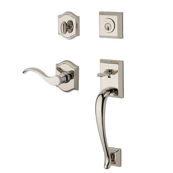 The Baldwin Reserve Napa Handleset with Interior Curve Lever with Traditional Arch Rosette in Lifetime Polished Nickel finish.