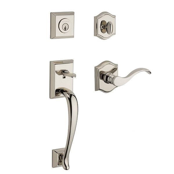 The Baldwin Reserve Napa Handleset with Interior Curve Lever with Traditional Arch Rosette in Lifetime Polished Nickel finish.