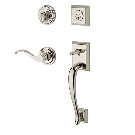 The Baldwin Reserve Napa Handleset with Interior Curve Lever with Traditional Round Rosette in Lifetime Polished Nickel finish.