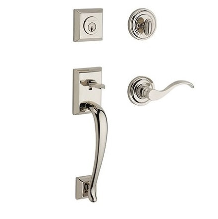 The Baldwin Reserve Napa Handleset with Interior Curve Lever with Traditional Round Rosette in Lifetime Polished Nickel finish.