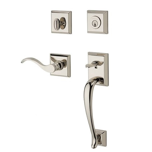 The Baldwin Reserve Napa Handleset with Interior Curve Lever with Traditional Square Rosette in Lifetime Polished Nickel finish.