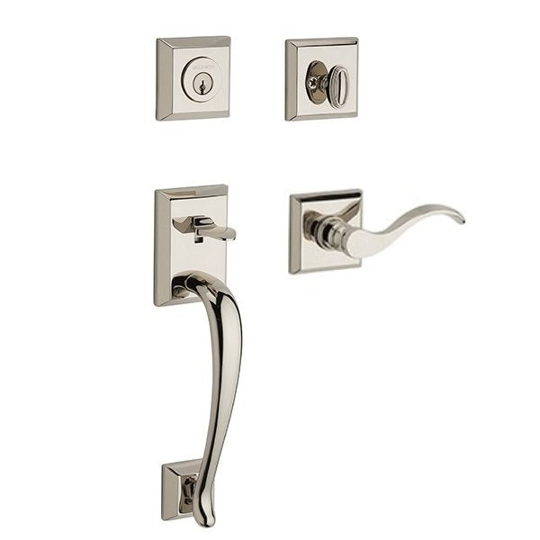 The Baldwin Reserve Napa Handleset with Interior Curve Lever with Traditional Square Rosette in Lifetime Polished Nickel finish.