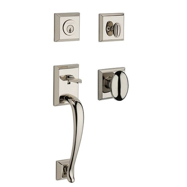 The Baldwin Reserve Napa Handleset with Interior Ellipse Knob with Traditional Square Rosette in Lifetime Polished Nickel finish.