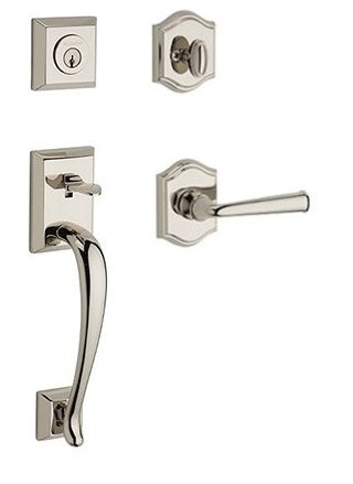 The Baldwin Reserve Napa Handleset with Interior Federal Lever with Traditional Arch Rosette in Lifetime Polished Nickel finish.