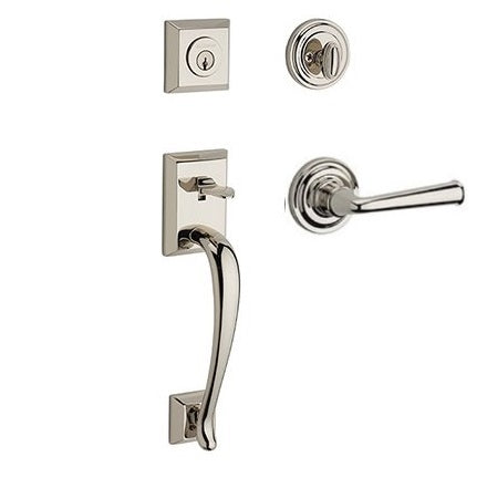 The Baldwin Reserve Napa Handleset with Interior Federal Lever with Traditional Round Rosette in Lifetime Polished Nickel finish.