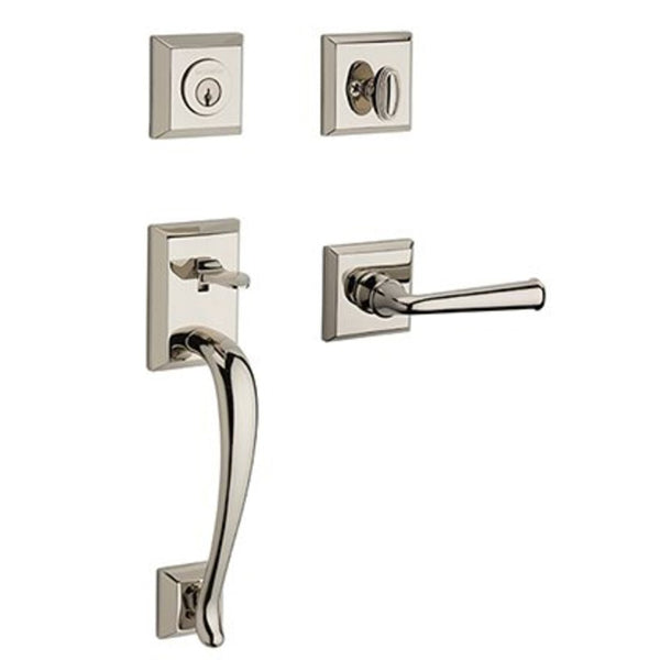 The Baldwin Reserve Napa Handleset with Interior Federal Lever with Traditional Square Rosette in Lifetime Polished Nickel finish.