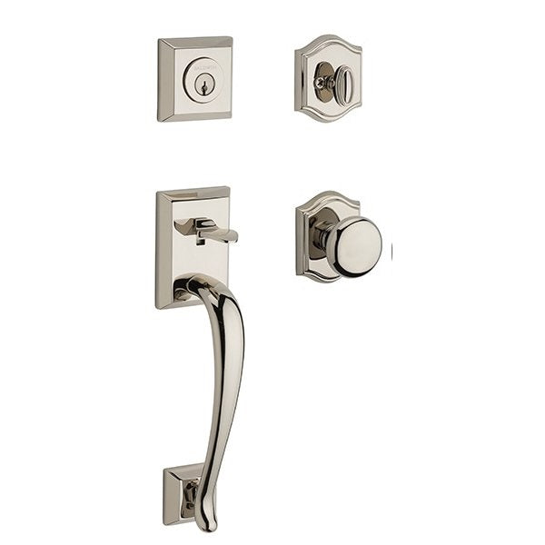 The Baldwin Reserve Napa Handleset with Interior Round Knob with Traditional Arch Rosette in Lifetime Polished Nickel finish.