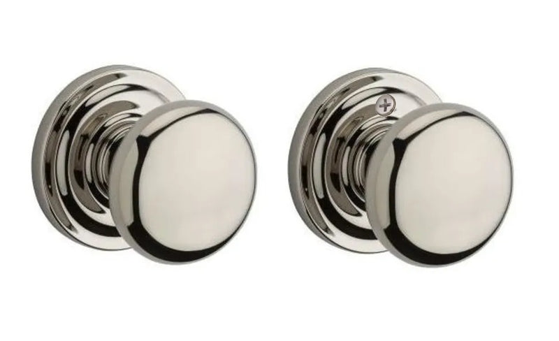 The Baldwin Reserve Round Knob with Traditional Round Rosette in Lifetime Polished Nickel finish.