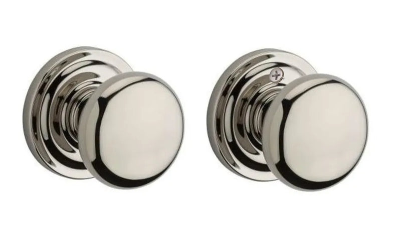 The Baldwin Reserve Round Knob with Traditional Round Rosette in Lifetime Polished Nickel finish.