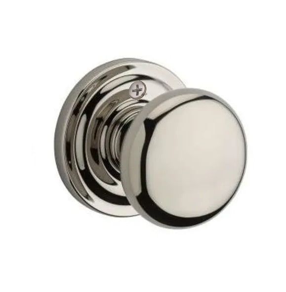 The Baldwin Reserve Round Knob with Traditional Round Rosette in Lifetime Polished Nickel finish.