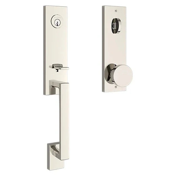 The Baldwin Reserve Seattle Handleset with Interior Contemporary Knob with Contemporary Square Escutcheon in Lifetime Polished Nickel finish.