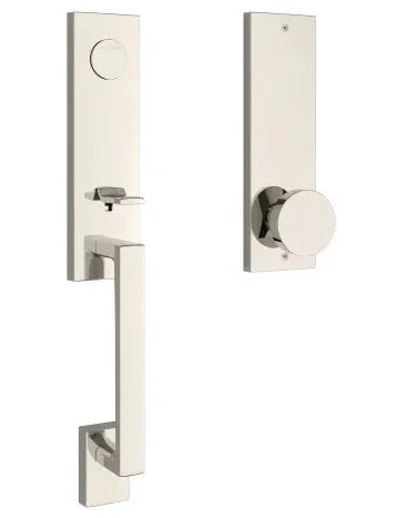 The Baldwin Reserve Seattle Handleset with Interior Contemporary Knob with Contemporary Square Escutcheon in Lifetime Polished Nickel finish.