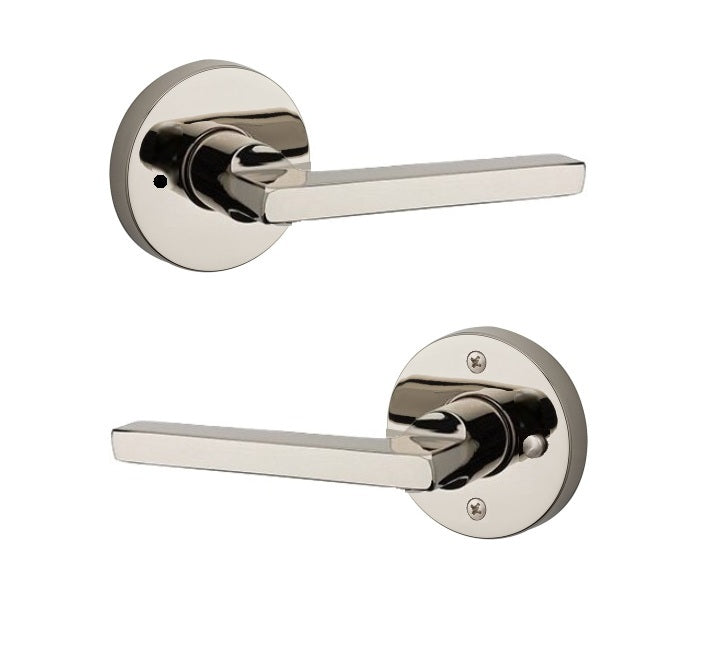 The Baldwin Reserve Square Lever with Contemporary Round Rosette in Lifetime Polished Nickel finish.