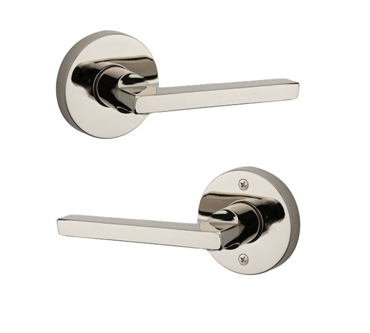 The Baldwin Reserve Square Lever with Contemporary Round Rosette in Lifetime Polished Nickel finish.