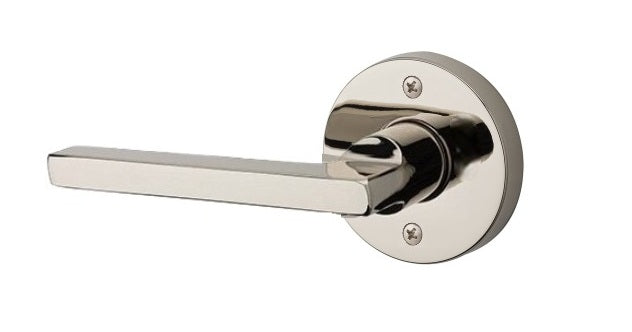 The Baldwin Reserve Square Lever with Contemporary Round Rosette in Lifetime Polished Nickel finish.