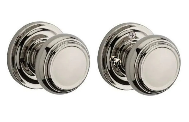 The Baldwin Reserve Traditional Knob with Traditional Round Rosette in Lifetime Polished Nickel finish.